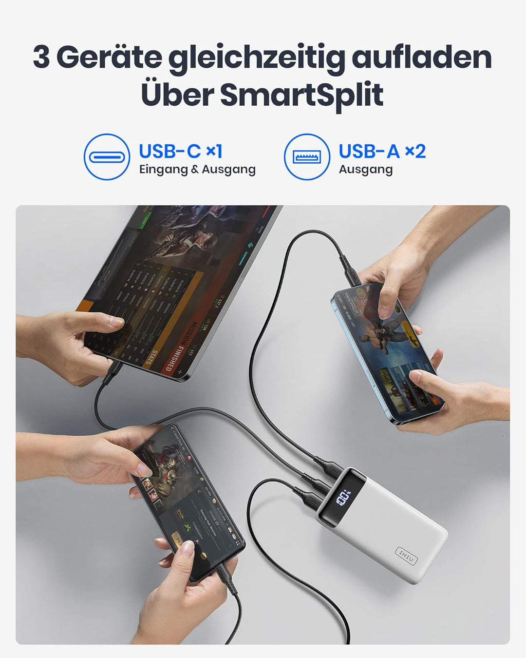 INIU Powerbank, Kompakte LED-Anzeige 20000mAh Externer Akku mit Dualer 3A Ausgängen und USB-C Eingan