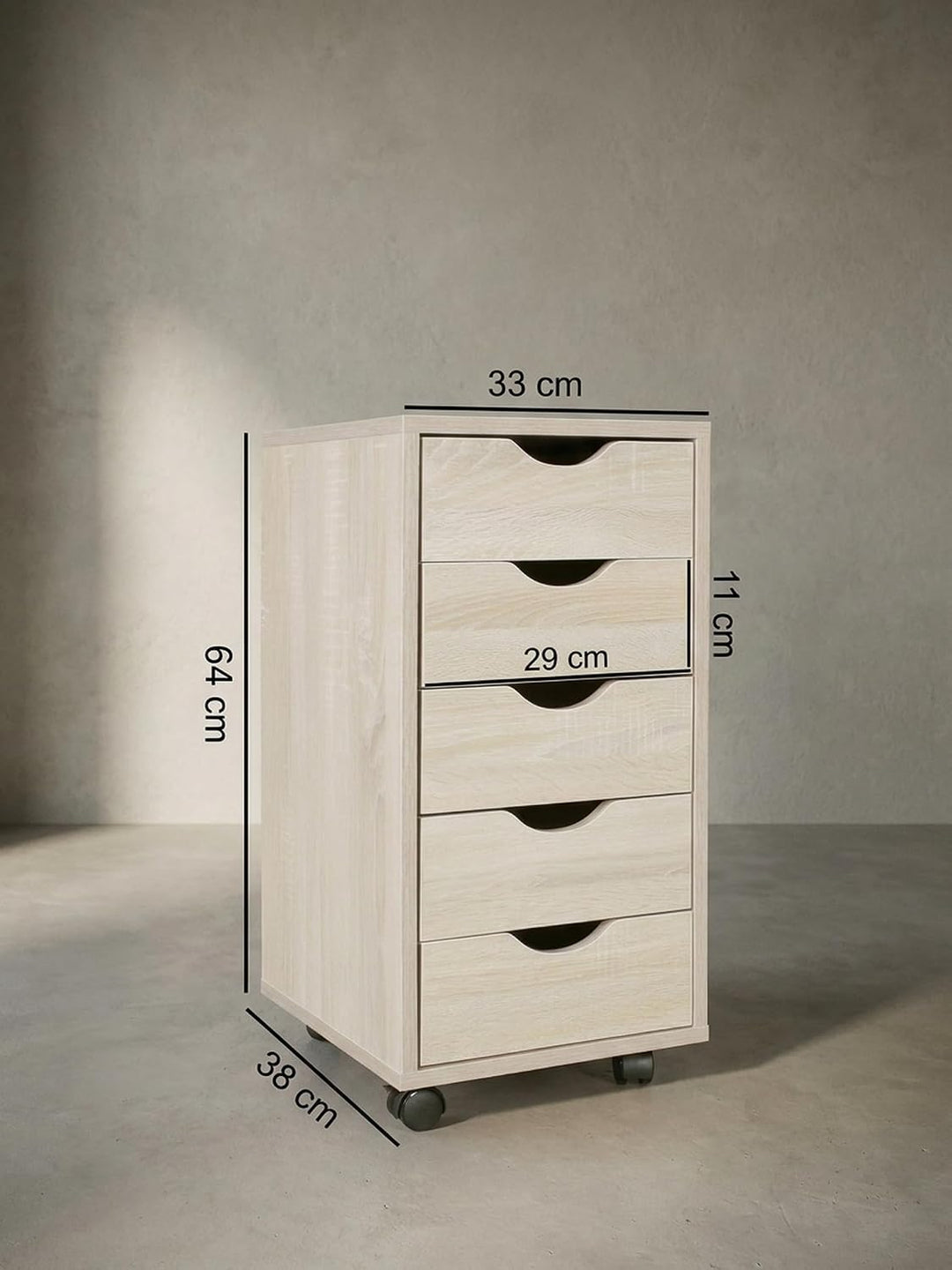 Rollcontainer 33 x 64 x 38 cm MDF-Holz 5 Schubladen Sonoma | Moderner Schubladencontainer mit Rollen