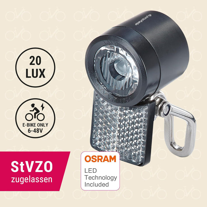 Prophete E-Bike Scheinwerfer – 20 Lux, OSRAM LED, mit Standlicht – Für 6-48V E-Bikes & Dynamo – Wass