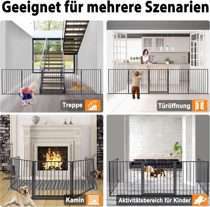 LARS360 Schwarz Kaminschutzgitter inkl. Sicherheitstür aus Metall, 5 Elemente Türschutzgitter Absper