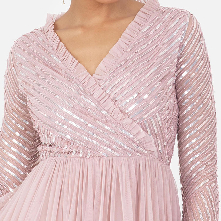 Maya Deluxe Women's Maxi Dress Ladies Embellished Wrap Tulle Frilly V-Neck Long Sleeve for Wedding G