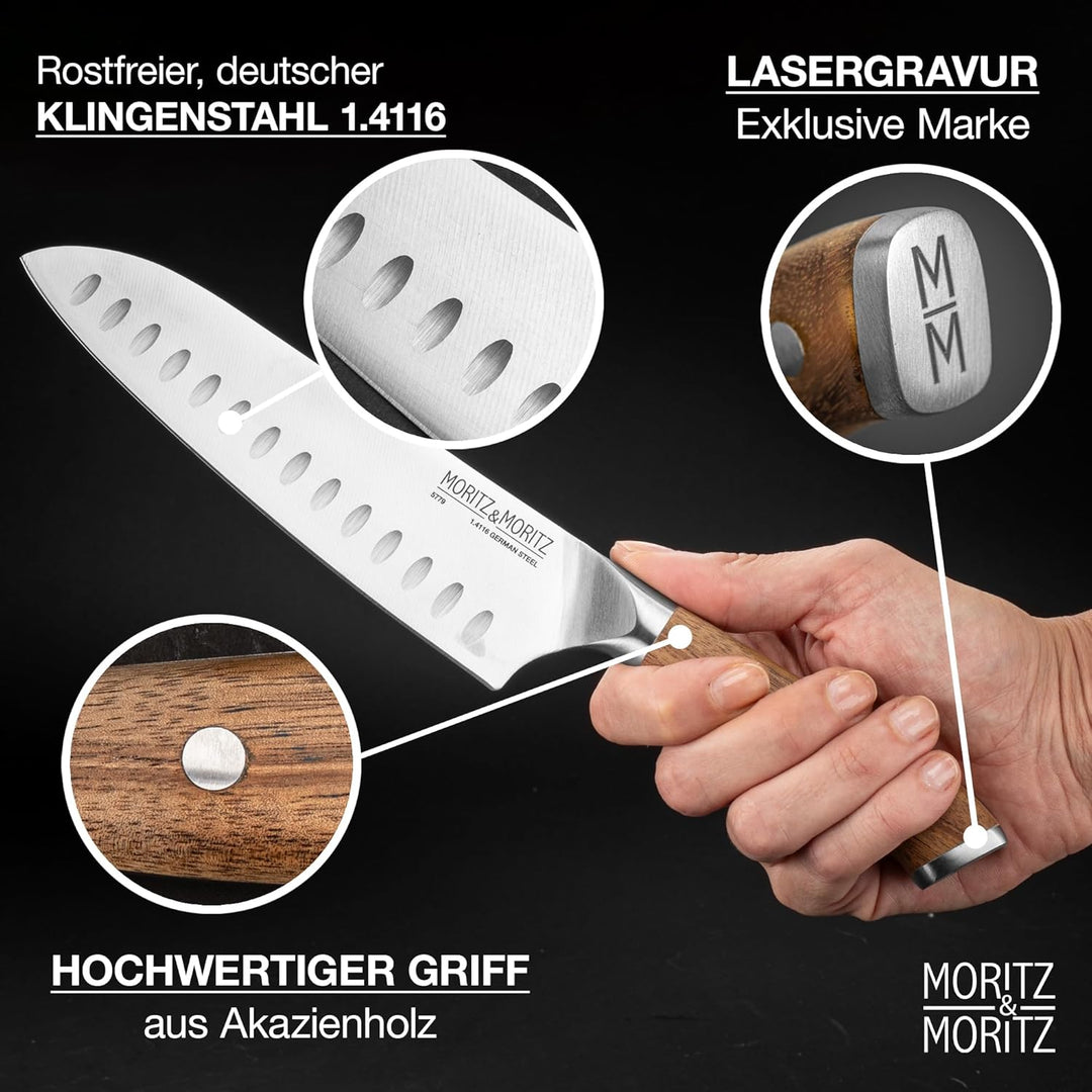 Moritz & Moritz Santoku Messer 18 cm - Japanisches Profi Kochmesser mit extra scharfer Klinge - Küch
