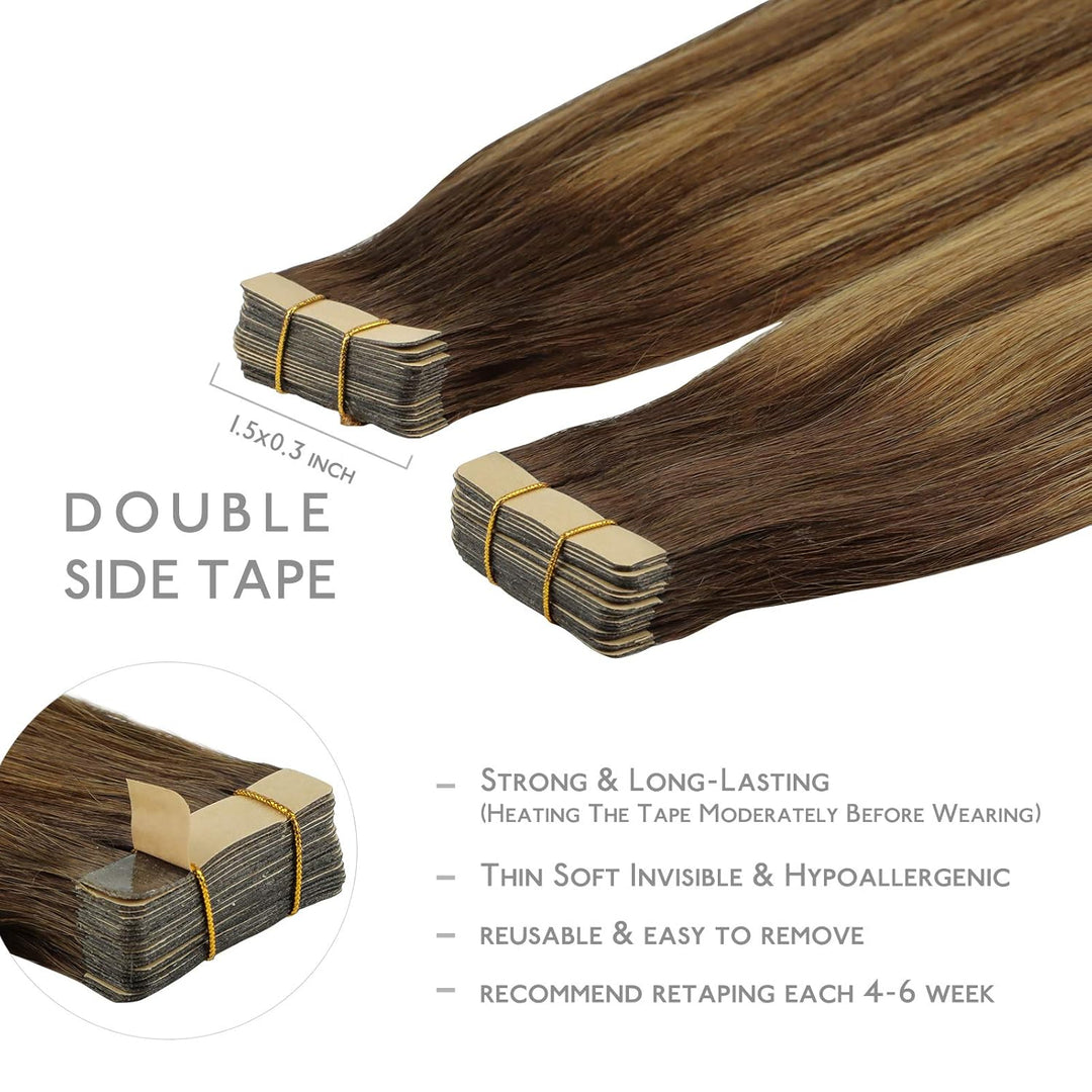 WENNALIFE Tape Extensions Echthaar, 20pcs 40g 30cm 12 Zoll Balayage Schokoladenbraun bis Karamellblo