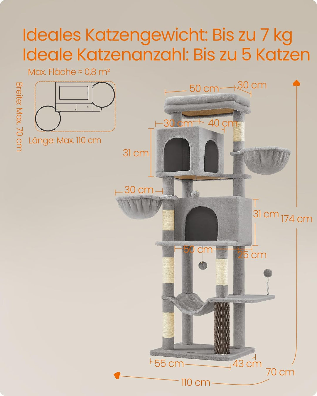 Feandrea Kratzbaum, 175 cm hoch, XL, mehrstöckiger Katzenbaum mit 2 Höhlen, 2 Liegemulden, 5 Kratzsä