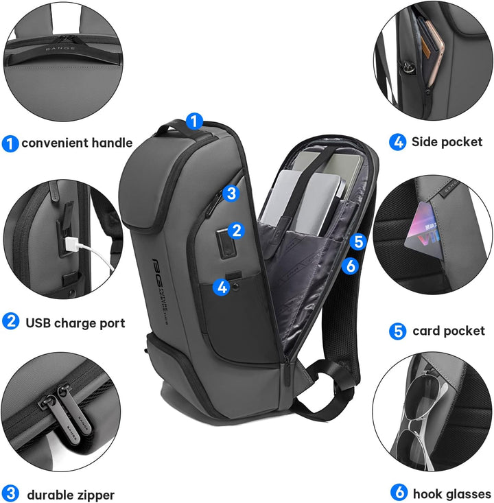 BANGE Laptop Business Männer Rucksack Wasserdicht Grosse Kapazität Externe Lade Port Tasche Grau Mod