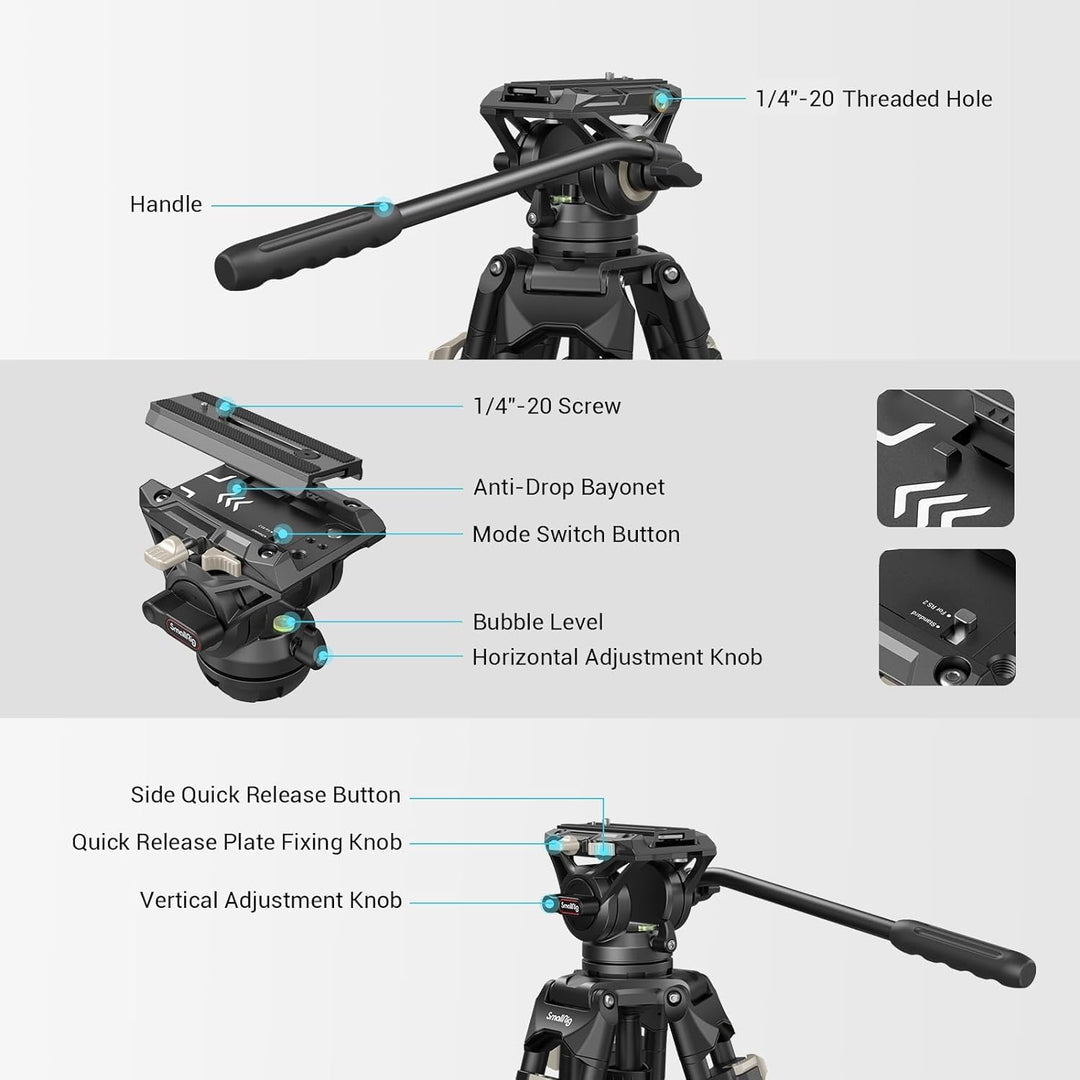 SMALLRIG Videostativ, 73-Zoll (186 cm) Heavy Duty Tripod Hochleistungs Stativ mit 360-Grad-Fluidkopf
