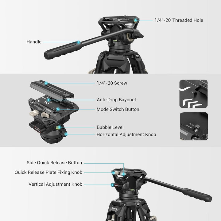 SMALLRIG Videostativ, 73-Zoll (186 cm) Heavy Duty Tripod Hochleistungs Stativ mit 360-Grad-Fluidkopf