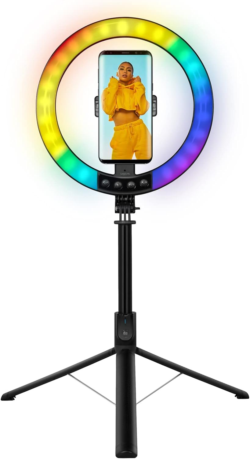 LogiLink AA0156 - LED Ringlicht/Ring Light (Ø 25 cm) mit Smartphone Halterung, 26-RGB-Farbmodi und 9