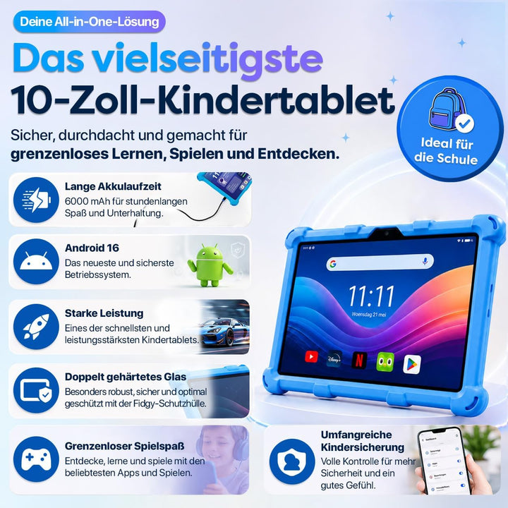 AngelTech Tablet Touchscreen für Kinder XL Pro II – 10 Zoll HD – 4 + 3 GB RAM – 64 + 128 GB ROM – Oc