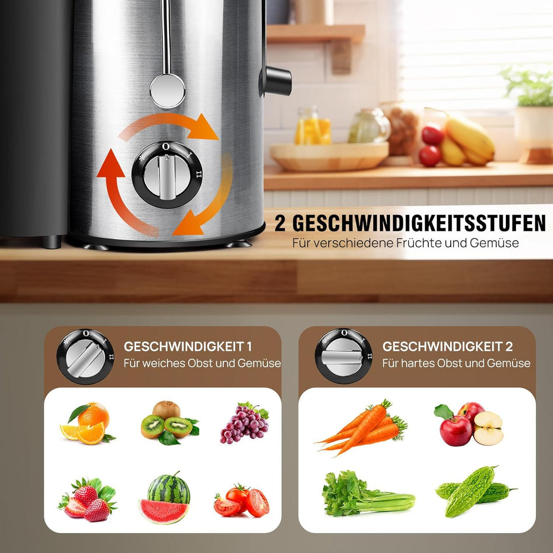 Entsafter Gemüse und Obst, 65 mm Einfüllschacht, 2 Einstellungen, Leicht zu reinigen, BPA-frei