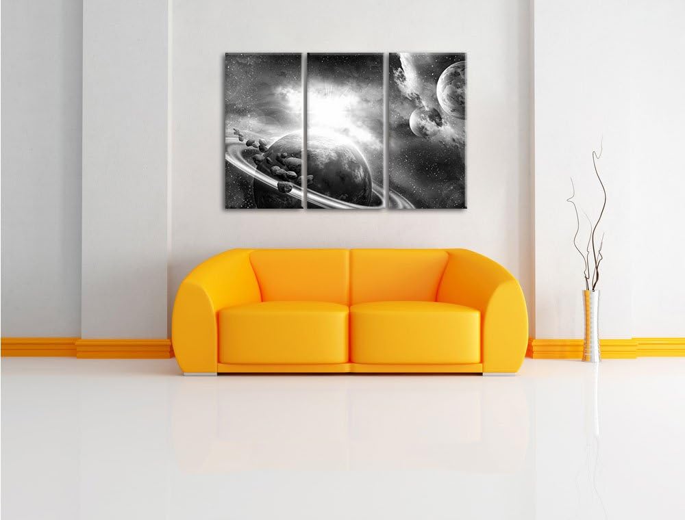 Pixxprint Planeten und Meteoriten im Weltraum Kunst B&W 3-Teiler Leinwandbild 120x80 Bild auf Leinwa