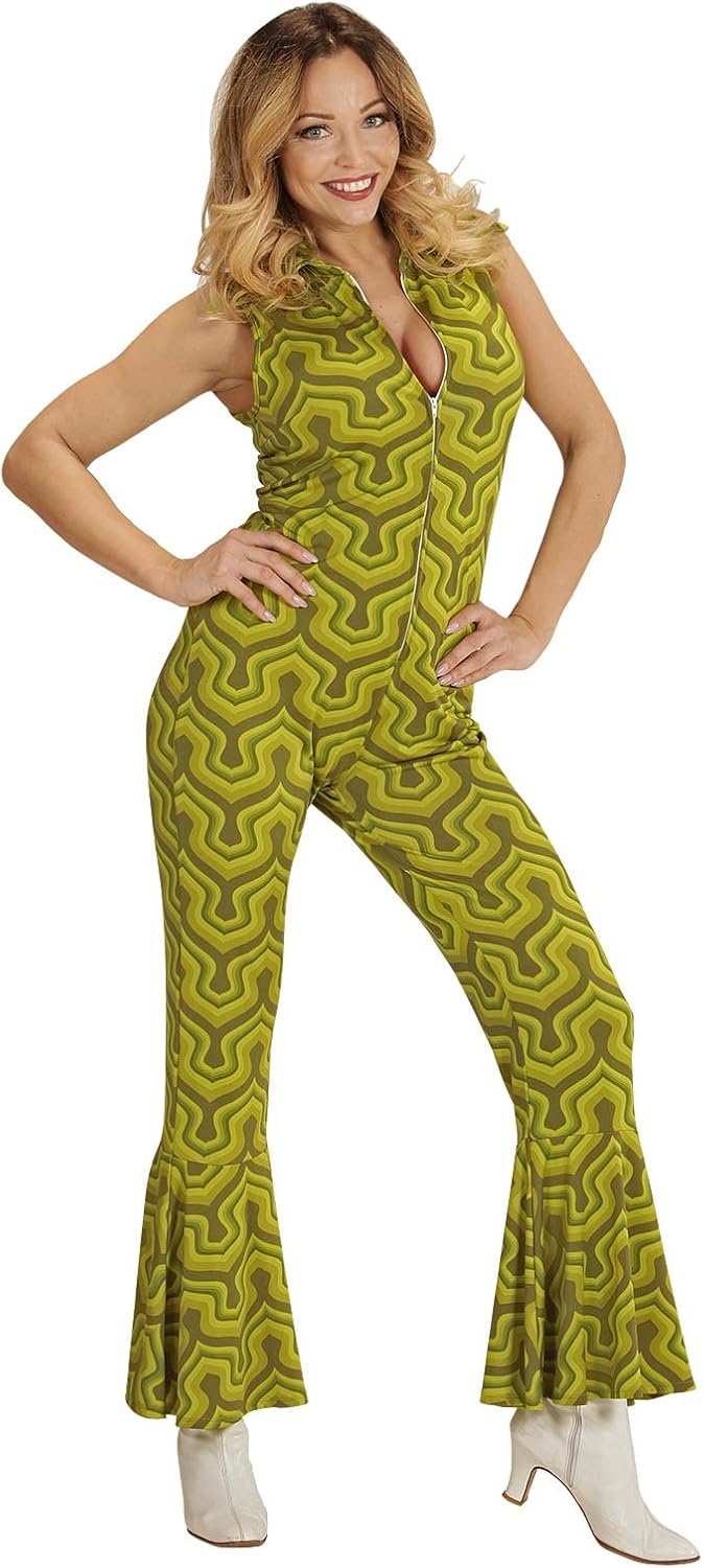 70er Jahre Retro JUMPSUIT mit Tapetenmuster Grün Disco Damen Kostüm Overall Siebziger Schlager 70's,