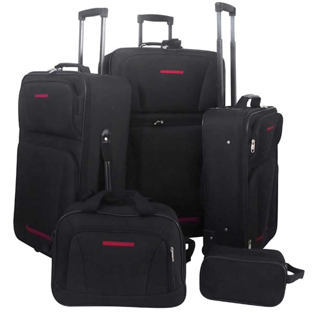 Reiseset Kofferset 5-teilig Schwarz aus Polyester mit PVC Beschichtung, Teleskopgriff, 2 Rollen, Rei