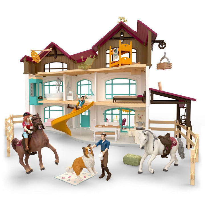 Schleich Horse Club | Lakeside Villa & Paddock 42785 | Reiterhof Spielset mit Villa, 2 Pferden, 3 Fi
