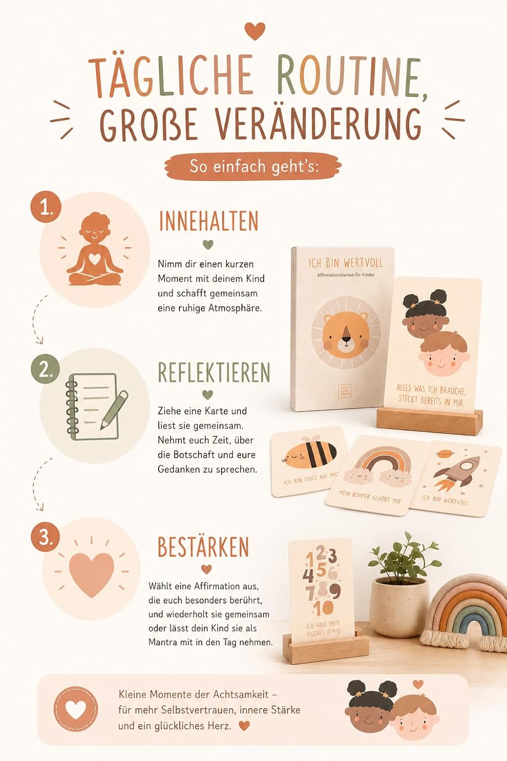 The Life Barn Affirmationskarten für Kinder mit Holzaufsteller – 30 Achtsamkeitskarten für mehr Selb