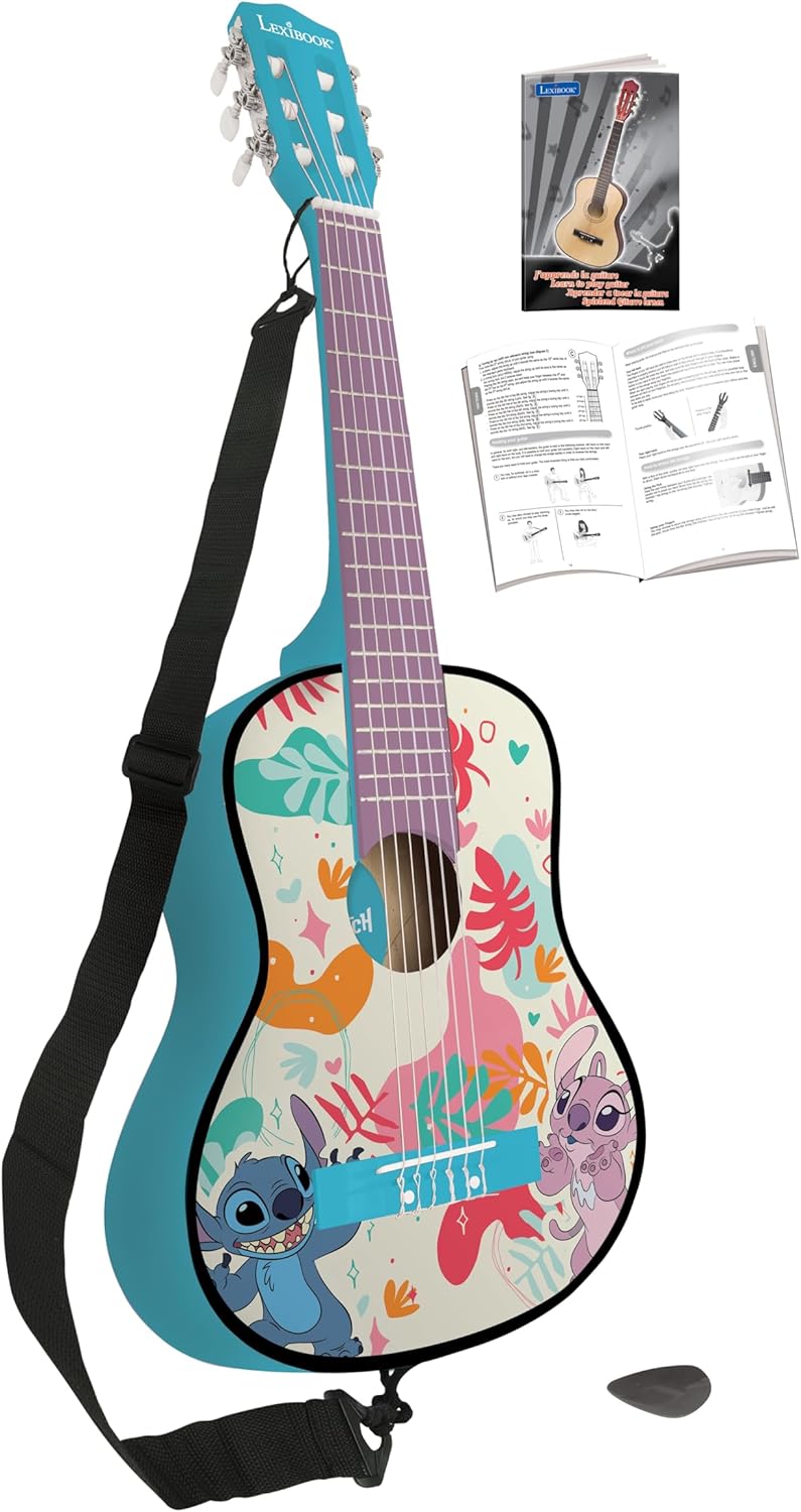 Lexibook, Disney Stitch, Meine erste Akustikgitarre aus Holz, 6 Nylonsaiten, 78 cm (30"), Lernanleit