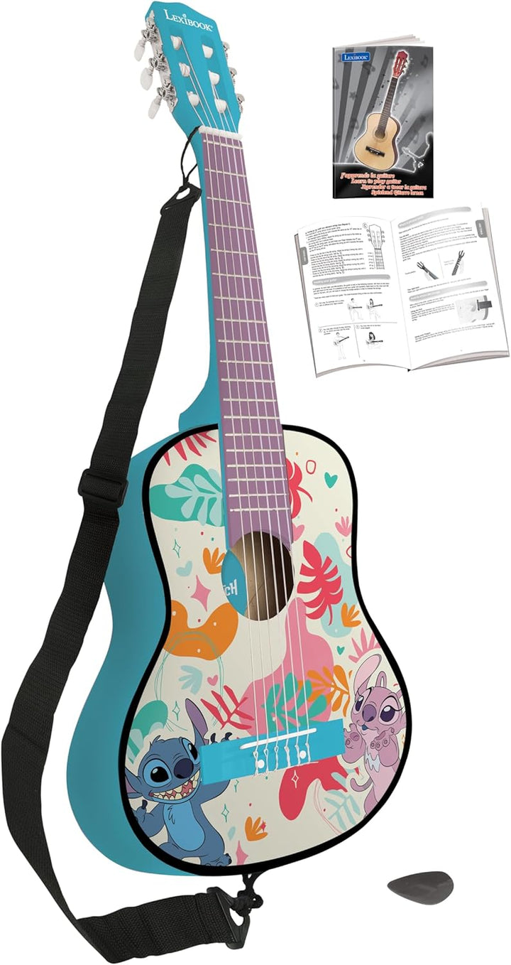 Lexibook, Disney Stitch, Meine erste Akustikgitarre aus Holz, 6 Nylonsaiten, 78 cm (30"), Lernanleit