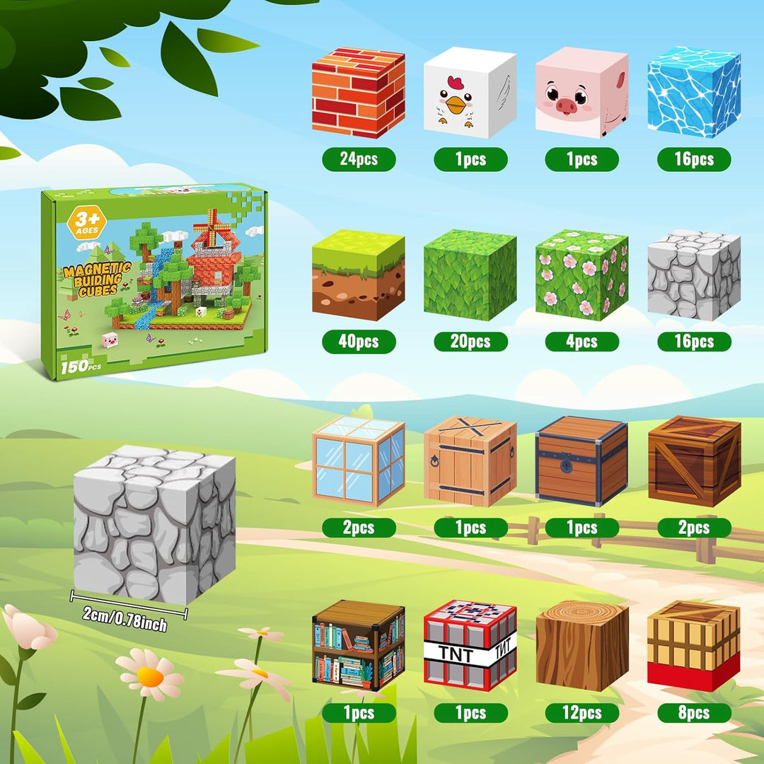 Magnetische Bausteine Blöcke 150 Stück 2 cm, Magnetic Building Blocks mit Windmühle Tiere, Magnet Ba