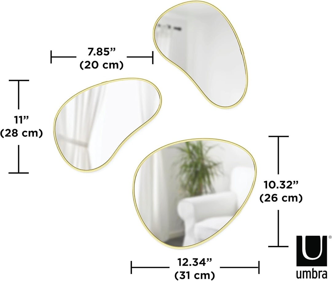 Umbra Hubba Pebble Wandspiegel Set, Moderne Design Spiegel mit Organischer Form, 3er-Set, Messing Me