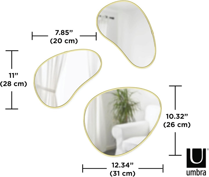 Umbra Hubba Pebble Wandspiegel Set, Moderne Design Spiegel mit Organischer Form, 3er-Set, Messing Me