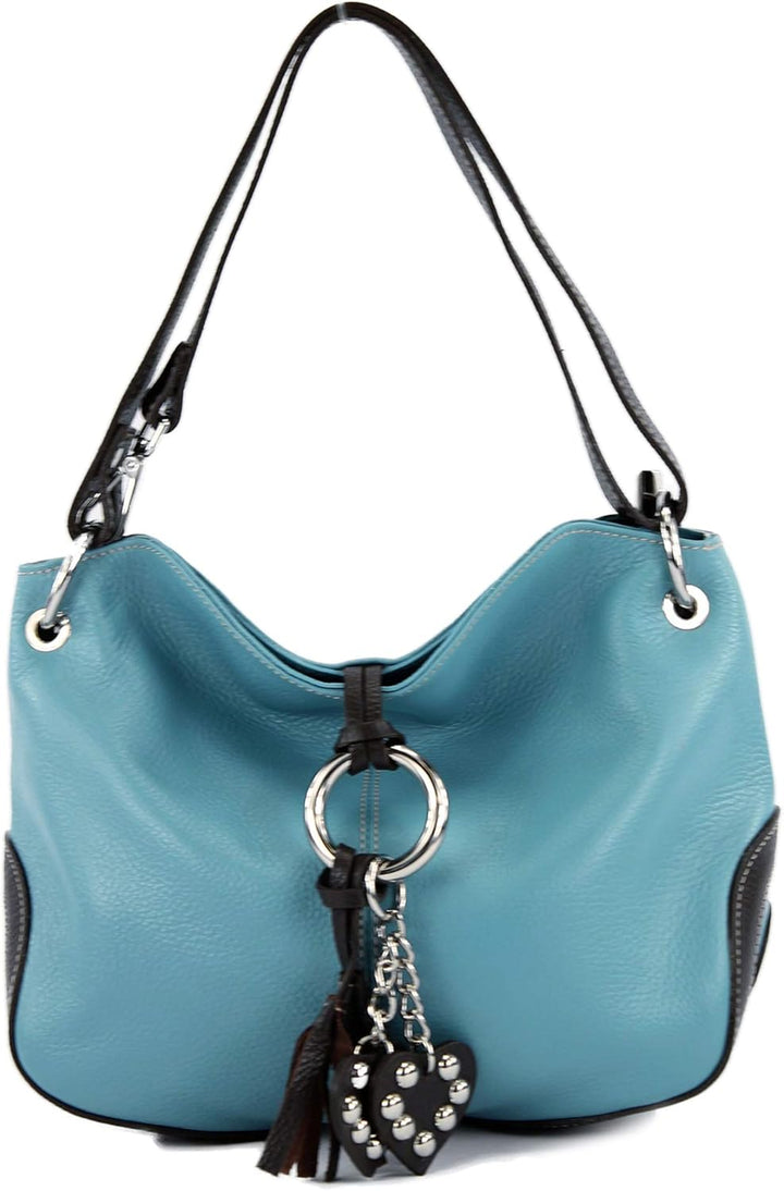 modamoda de - T10 - ital. Leder Schultertasche Umhängetasche Pastellblau/Dunkelbraun, Pastellblau/Du