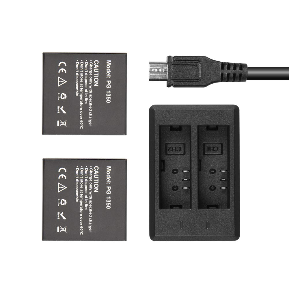 AKASO Action Cam Battery Charger, 2 x 1350 mAh Battery, with LED Micro USB Double Hole Charger for A