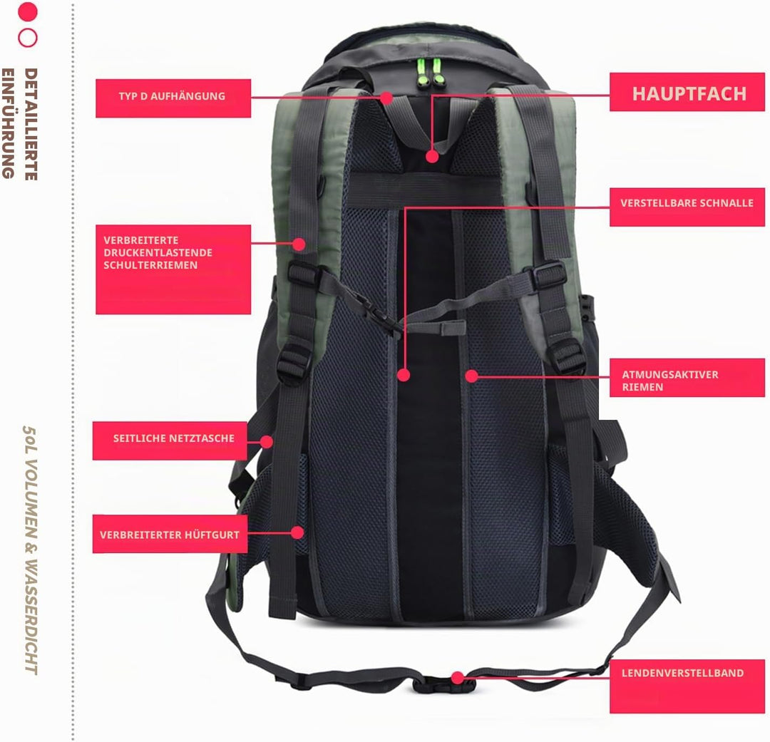Bseash 50L Leichter wasserfester Wanderrucksack, Outdoor Sport Tagesrucksack Multifunktions Reisetas