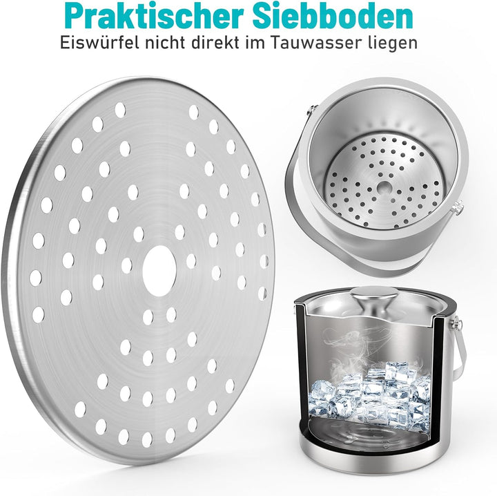 3L Eiswürfelbehälter mit Deckel, Schaufel & Zangen, Doppelwandig Edelstahl Isolierung Eiswürfel Behä
