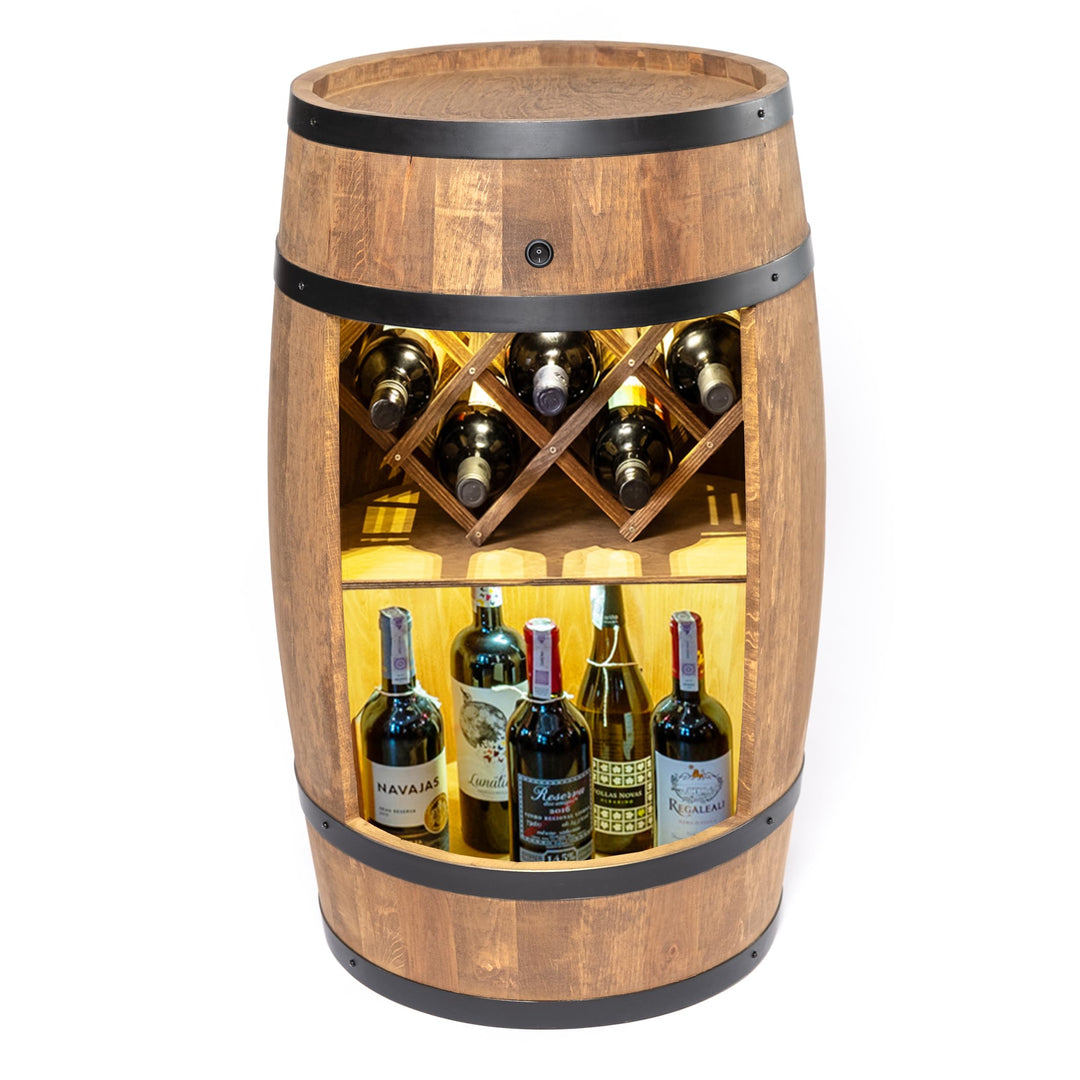 CREATIVE COOPER Fassbar mit Weinhalter und LED - Weinregal - Holzfass Hausbar 80cm - Rustikaler deko