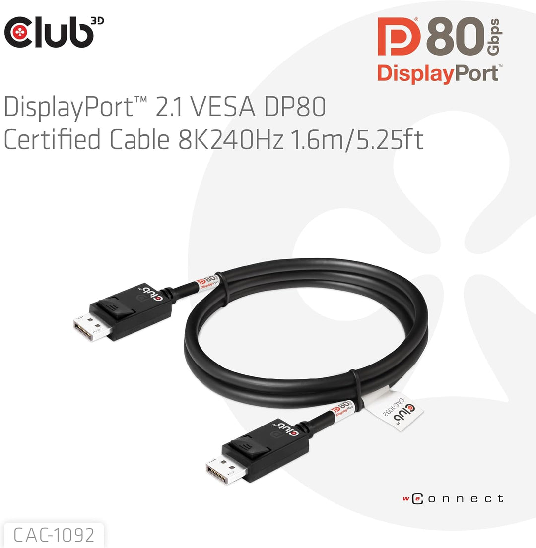 Club3D CAC-1092 DisplayPort™ 2.1 Bi-Direktionales VESA DP80 zertifiziertes Kabel 4K240Hz, 8K60Hz ode