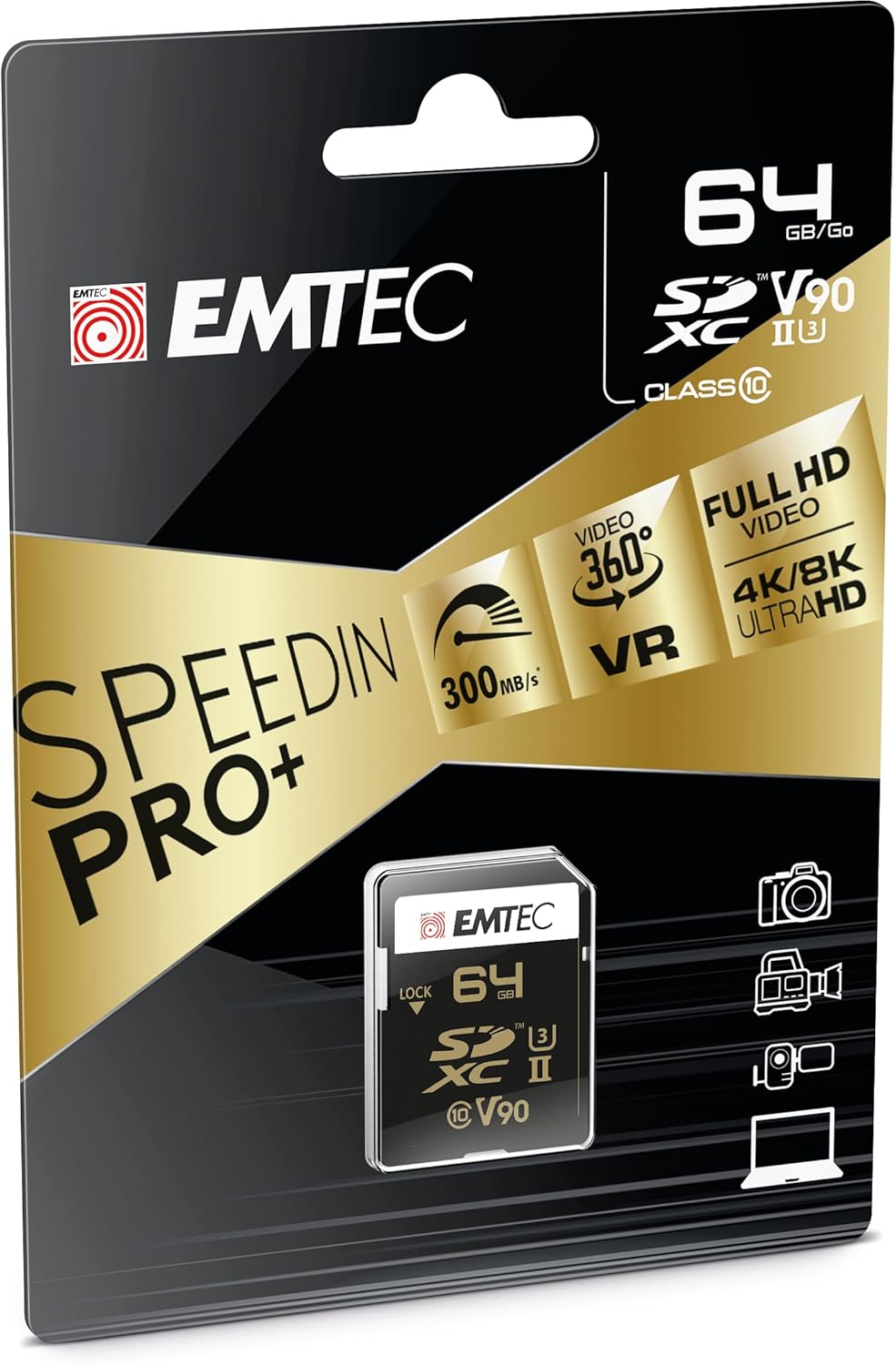 Emtec SpeedIN Pro+ SD-Speicherkarte 64GB, SDXC UHS-II U3 V90, Full HD, 3D, 4K, 8K UHD, Lesegeschwind