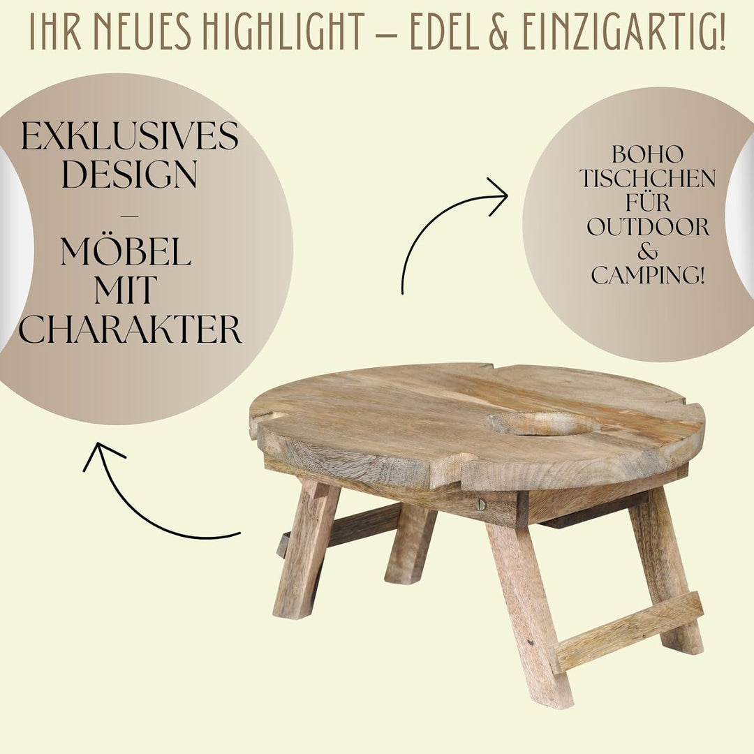 Marrakesch Picknick Klapptisch aus Holz Tablett Durchmesser 40 cm | Campingtisch Roman klappbar für
