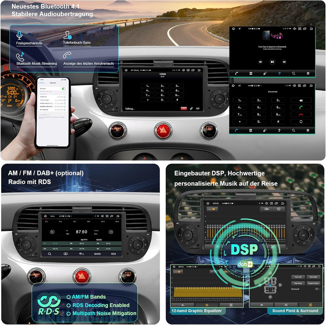 [Black 4+64GB] Autoradio für FIAT 500 2007-2015 mit 7 Zoll Touchscreen, Android 14 Radio Unterstützu