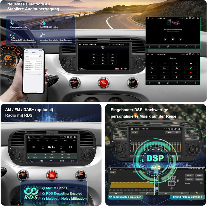 [Black 4+64GB] Autoradio für FIAT 500 2007-2015 mit 7 Zoll Touchscreen, Android 14 Radio Unterstützu