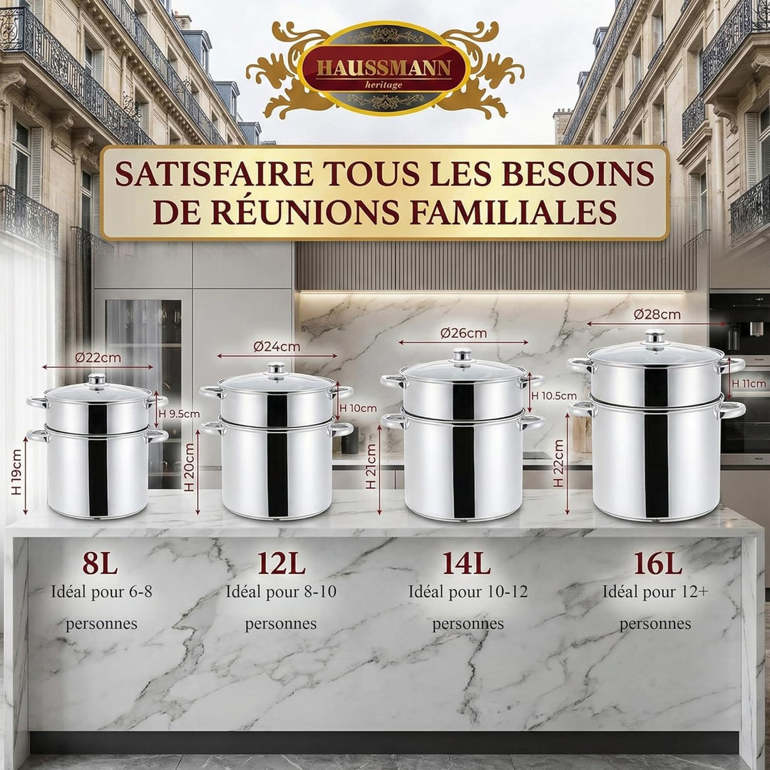 Haussmann Héritage Couscous-Topf/Dampfgarer/Kochtopf, 3-in-1, Edelstahl, alle Herde, auch Induktion,