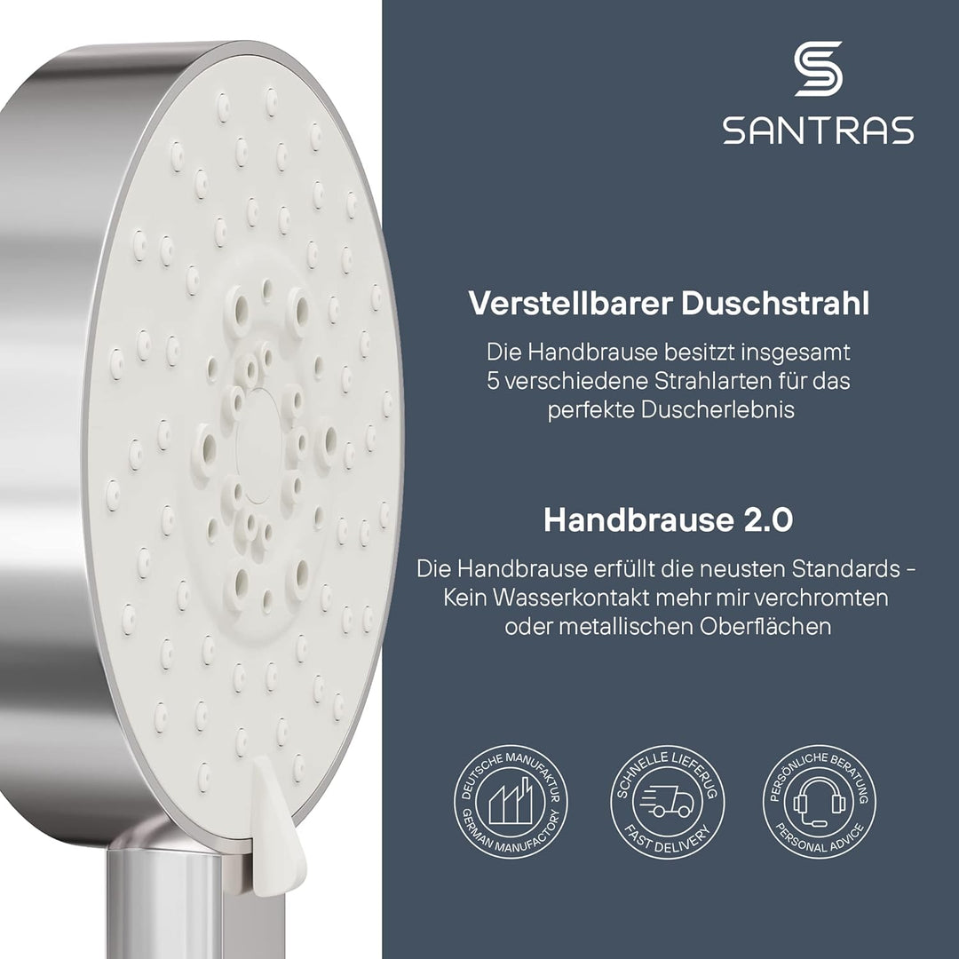 SANTRAS® Handbrause PLATINUM mit fünffach verstellbaren Duschkopf mit Wassersparer in Chrom – Brause