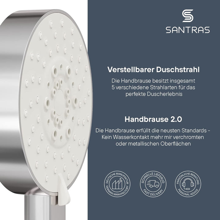 SANTRAS® Handbrause PLATINUM mit fünffach verstellbaren Duschkopf mit Wassersparer in Chrom – Brause