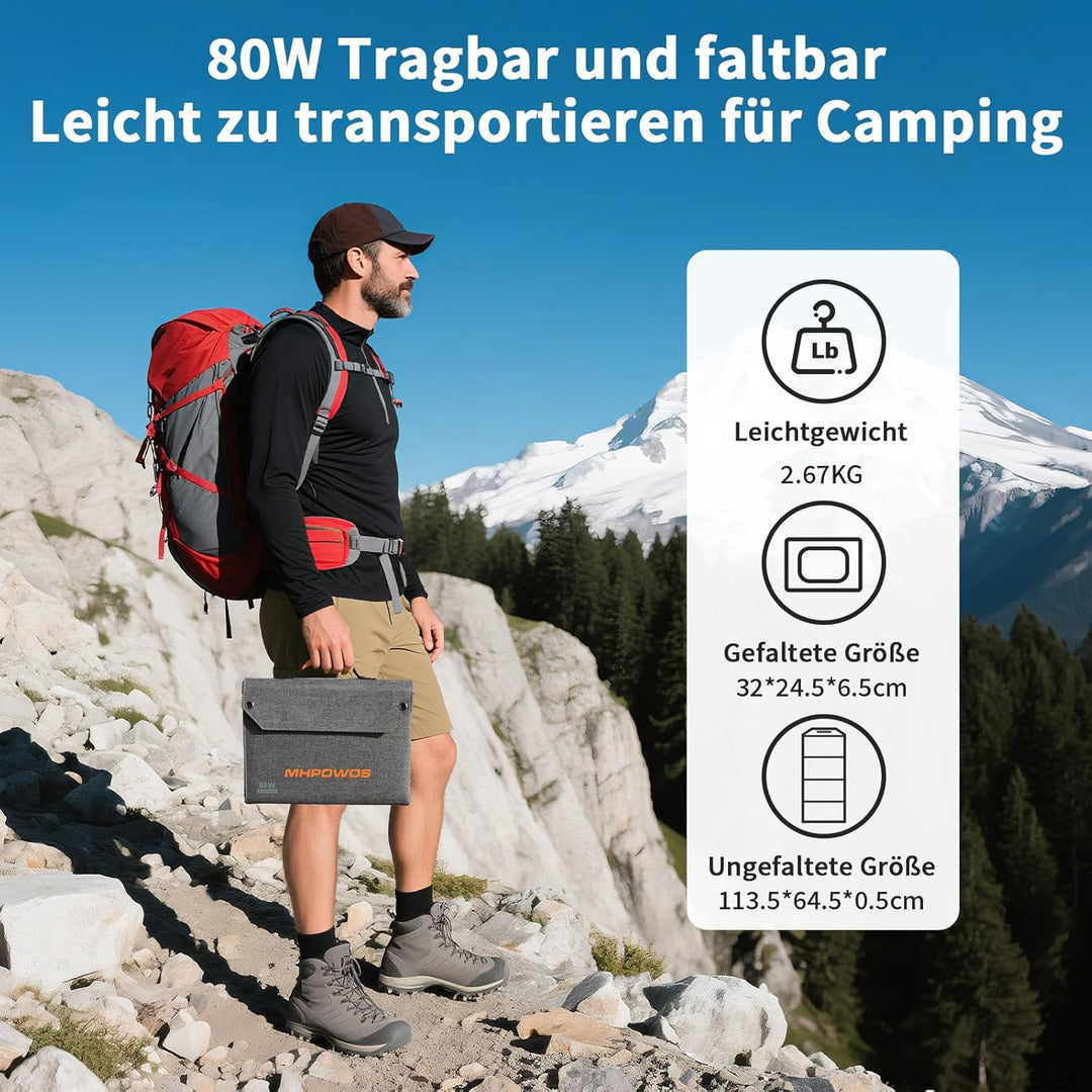 MHPOWOS 80W Faltbares Solarladegerät, Tragbares Camping-Solarpanel mit USB C, USB A und DC Ausgängen