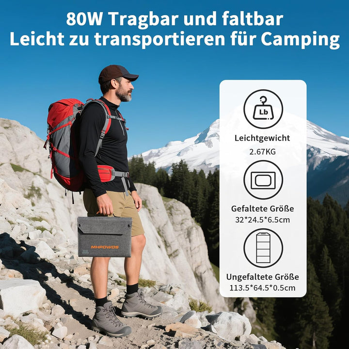 MHPOWOS 80W Faltbares Solarladegerät, Tragbares Camping-Solarpanel mit USB C, USB A und DC Ausgängen