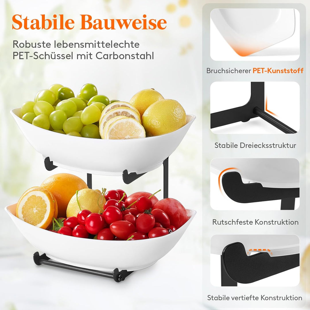 Lifewit Obst Etagere mit 2 Etagen, Obstschalen aus Kunstsoff mit Schwarzem Metallregal, Obstkorb Eta