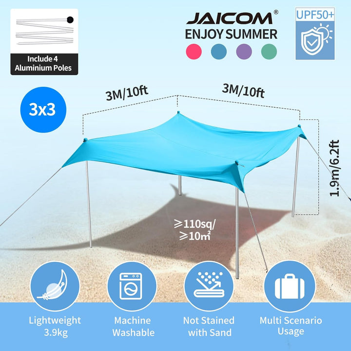 JAICOM Strandzelt, 3x3m Strandmuschel, UPF50+ UV-Schutz und Wasserdicht Sonnensegel, Mit Sandschaufe
