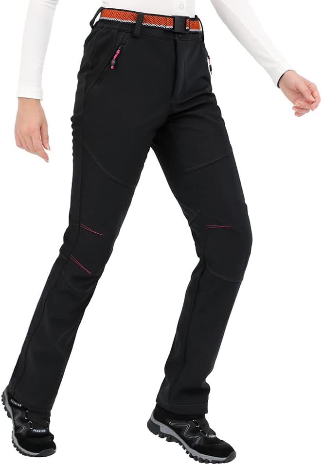 Micosuza Damen Fleece Wanderhose Winddicht Wasserdicht Softshell Outdoorhose, Schwarz