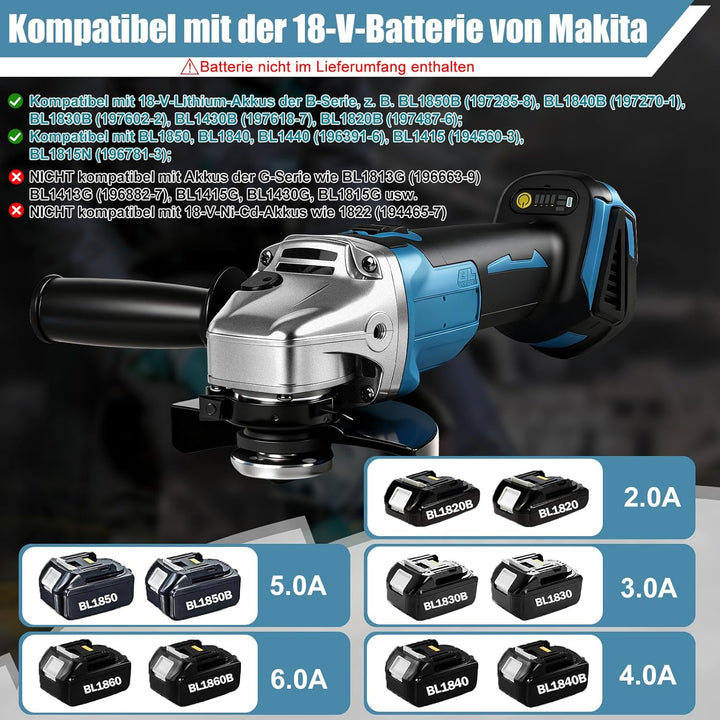 Akku Winkelschleifer für Makita 18V, Bürstenlon kompakt 9000 U/min mit 4 Geschwindigkeiten,125mm Sch