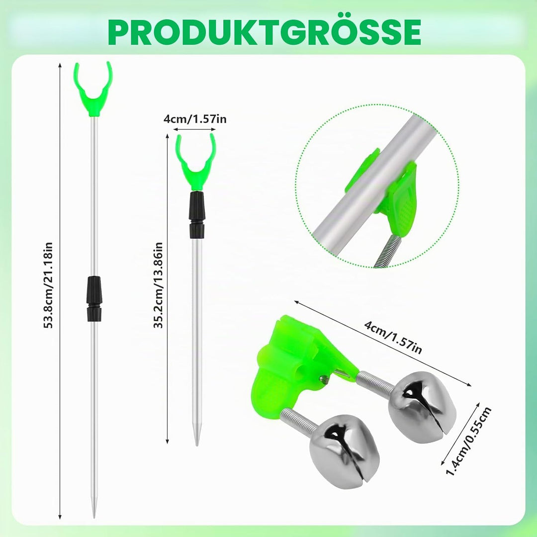 Angelzubehör-Set, 12-teilig, 4 Angelrutenhalterungen, 8 Zwillingsclips, Alarmglocken Teleskop-Rutenh
