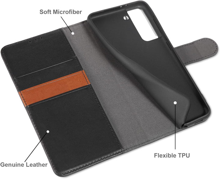 LENSUN Echtleder Hülle für Samsung Galaxy S21, Handyhülle [Echtes Leder] [Magnetverschluss] [RFID Sc