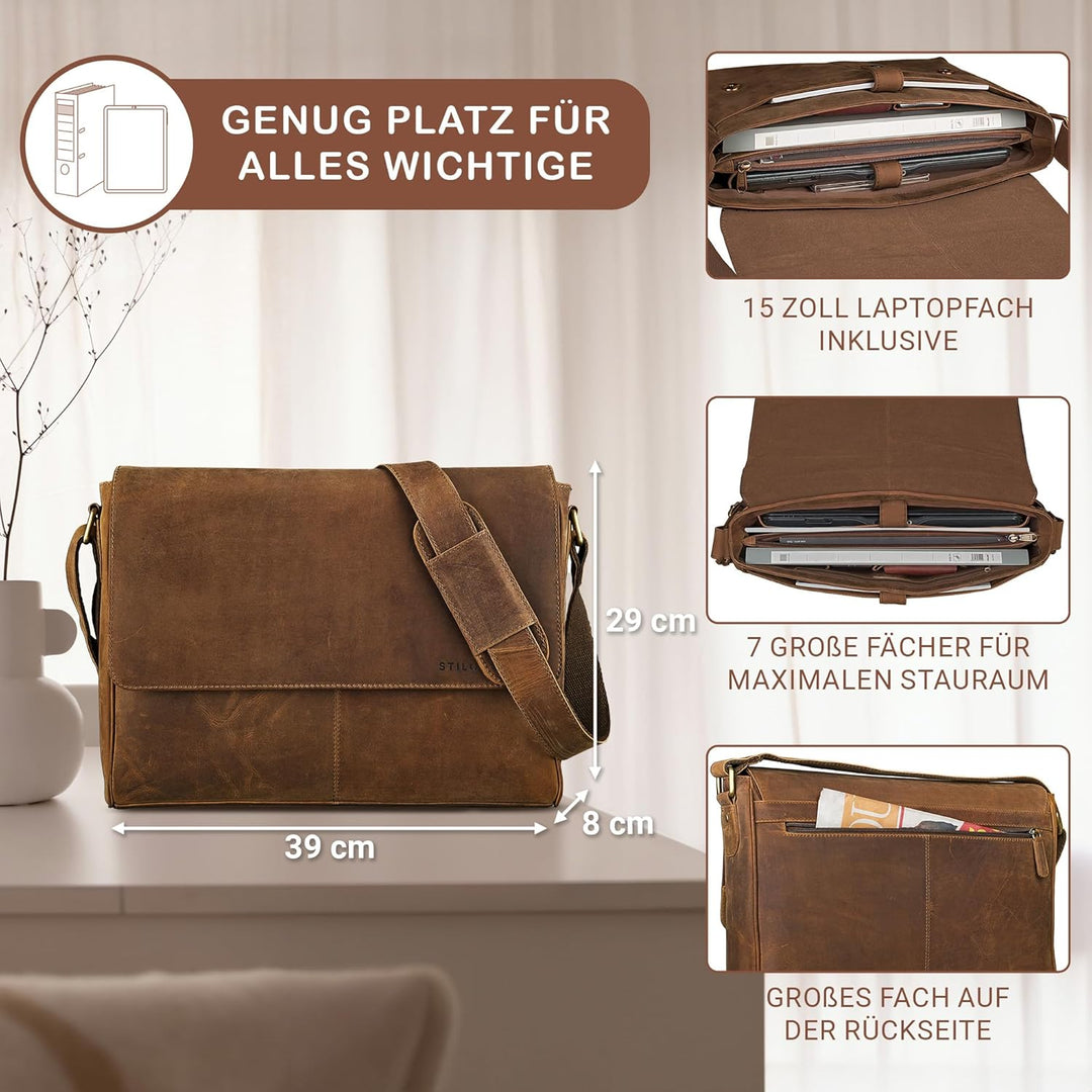 STILORD 'Oskar' Umhängetasche Laptoptasche 15 Zoll aus echtem Leder Messenger Bag Business Vintage L