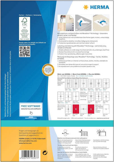 HERMA 10307 Universal Etiketten ablösbar, 100 Blatt, 96 x 50,8 mm, 10 Stück pro A4 Bogen, 1000 Aufkl
