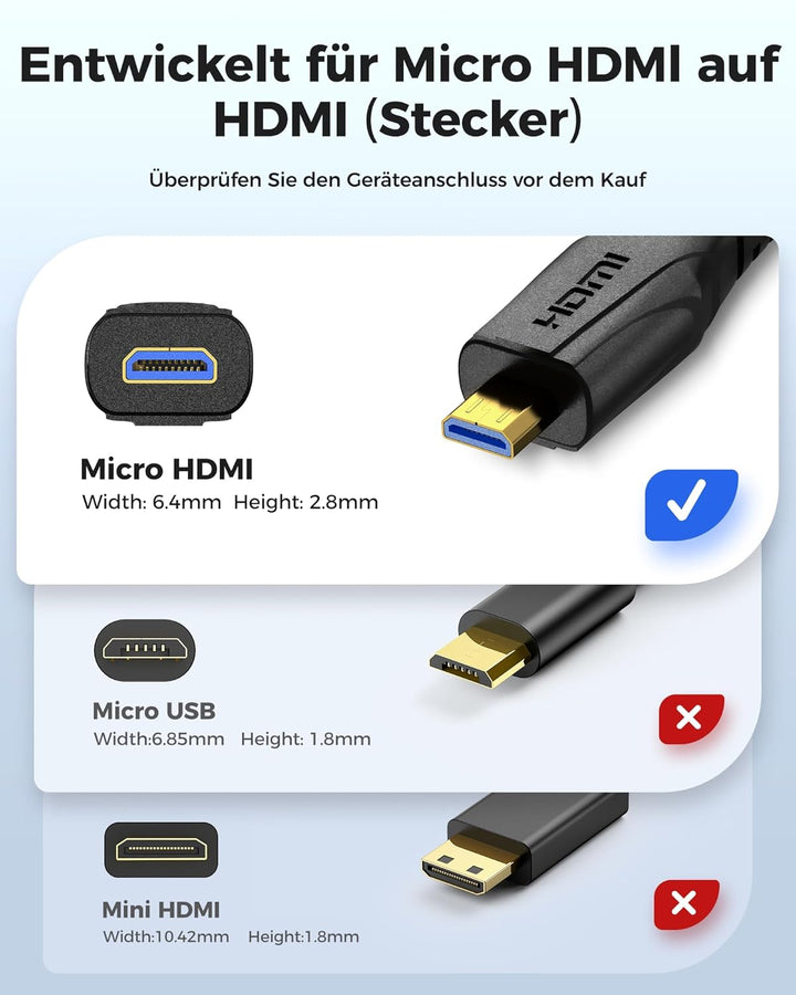 8k Micro HDMI auf HDMI 2.1 Kabel 2M, 8K@60Hz, Micro HDMI Kabelmit Ethernet 3D Full HD 1080P HDR ARC