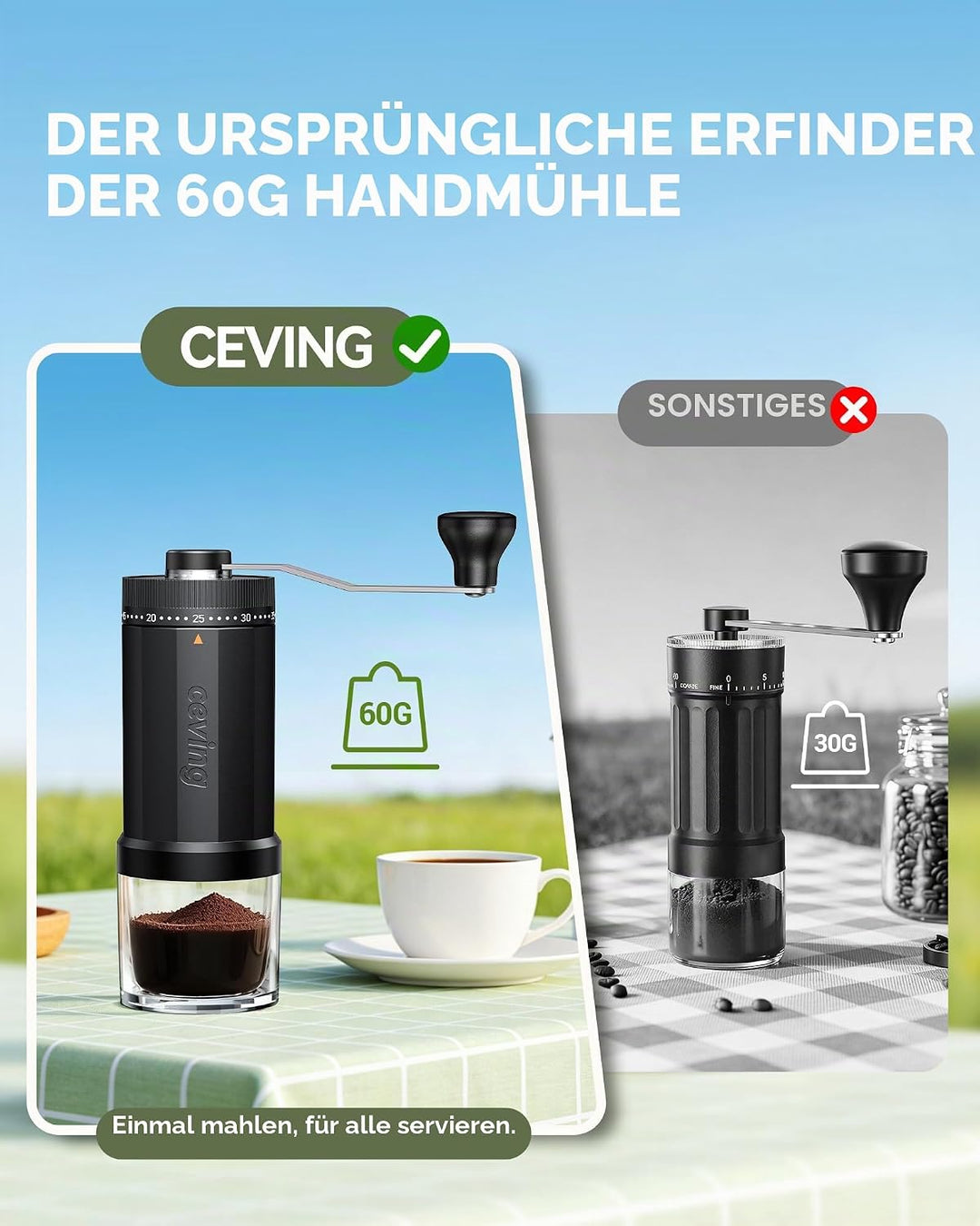 Manuelle Mini-Kaffeemühle mit 40 einstellbaren Einstellungen, tragbare Hand-Kaffeebohnenmühle mit 30