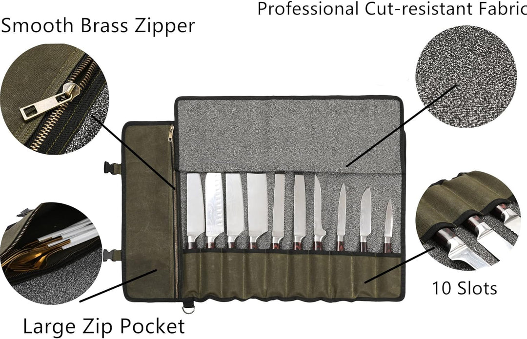 Professionelle Kochmessertasche mit schnittfestem Material, strapazierfähigem, gewachstem 16-Unzen-S